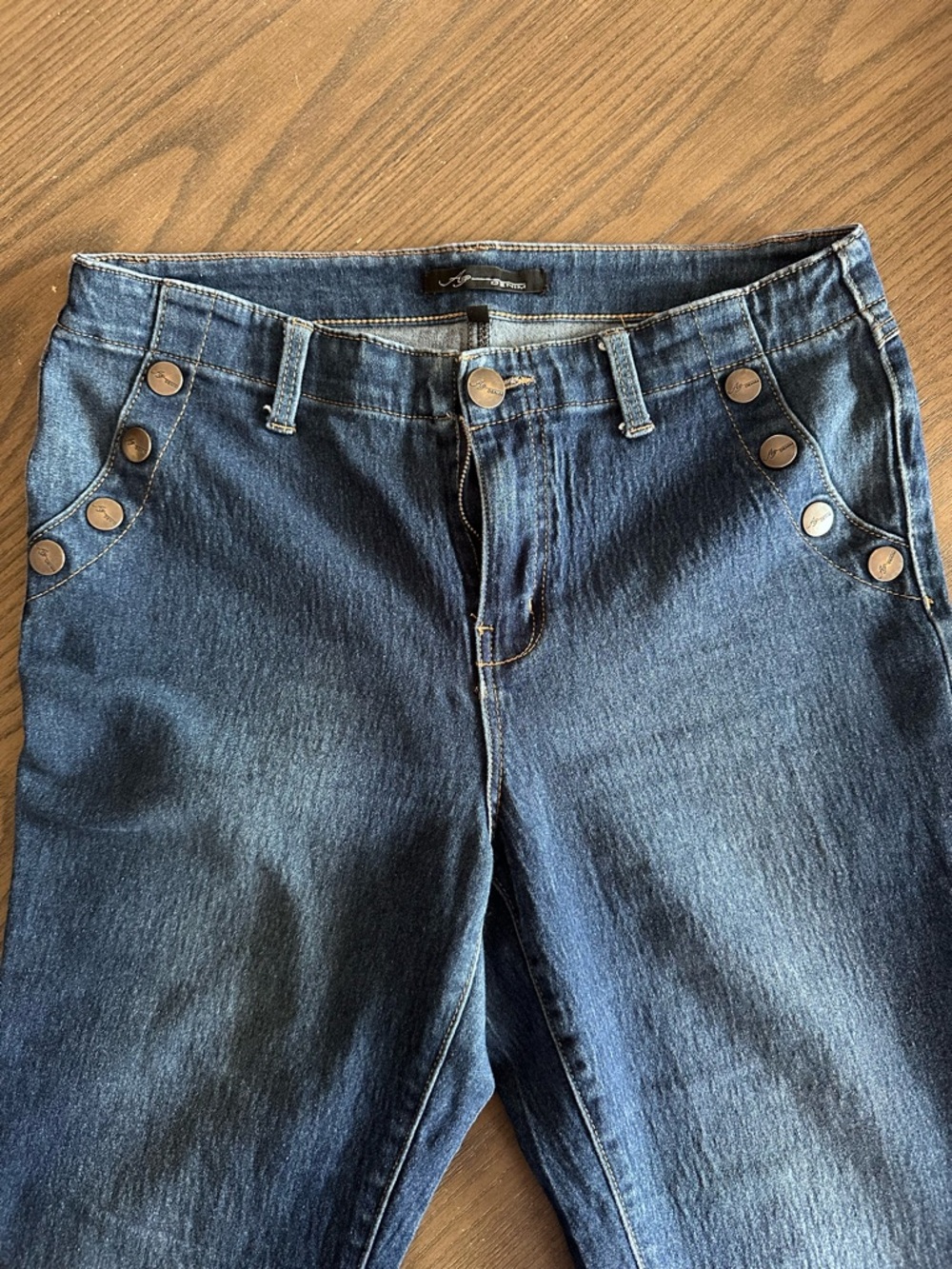 Dark Blue High-Rise Bootcut Jeans with Button Accents